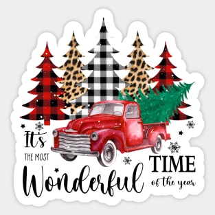 It's the most wonderful time of the year; old truck; pick up truck; pine trees; Xmas; Christmas; tree; trees; snow; snowflakes; chevy; beautiful; Sticker